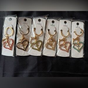 New Set of 6 Different Colored Heart Keychain Charm Collection with Gold Details